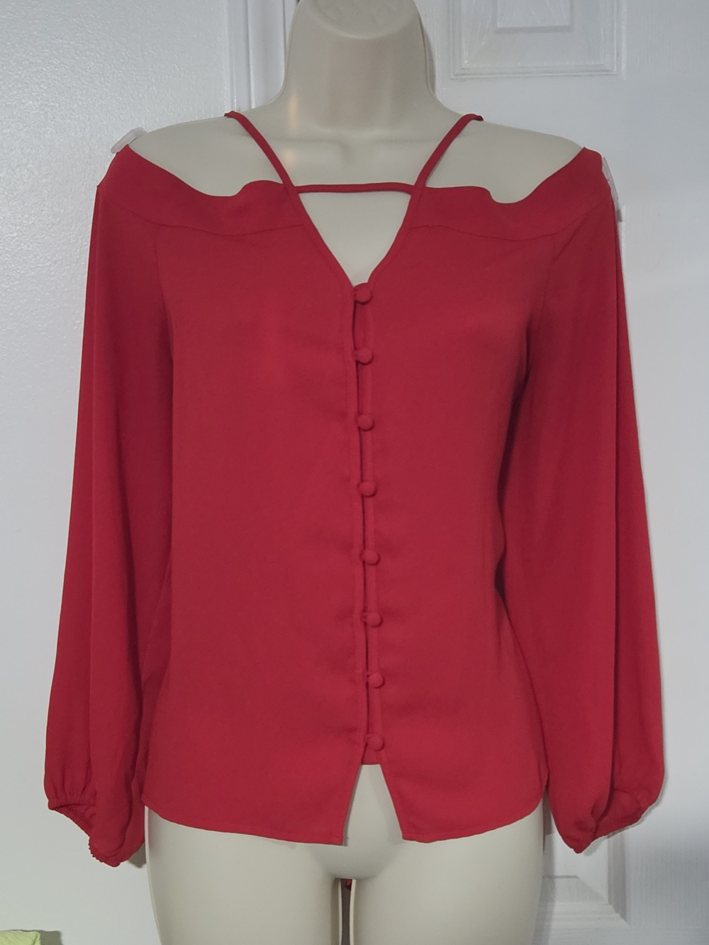 Express Red Cold-Shoulder Button-Front Blouse